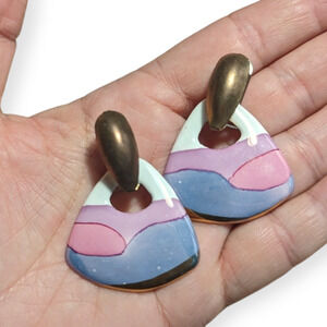 Vintage Pastel Sunset Metal Enamel & Brass Abstract Art Earrings